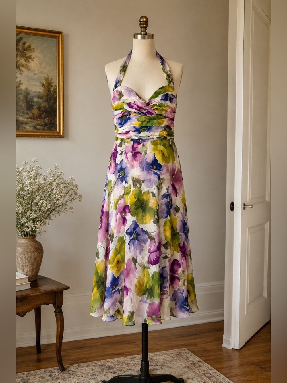 Vintage Donna Ricco 100% Silk Floral Halter Dress